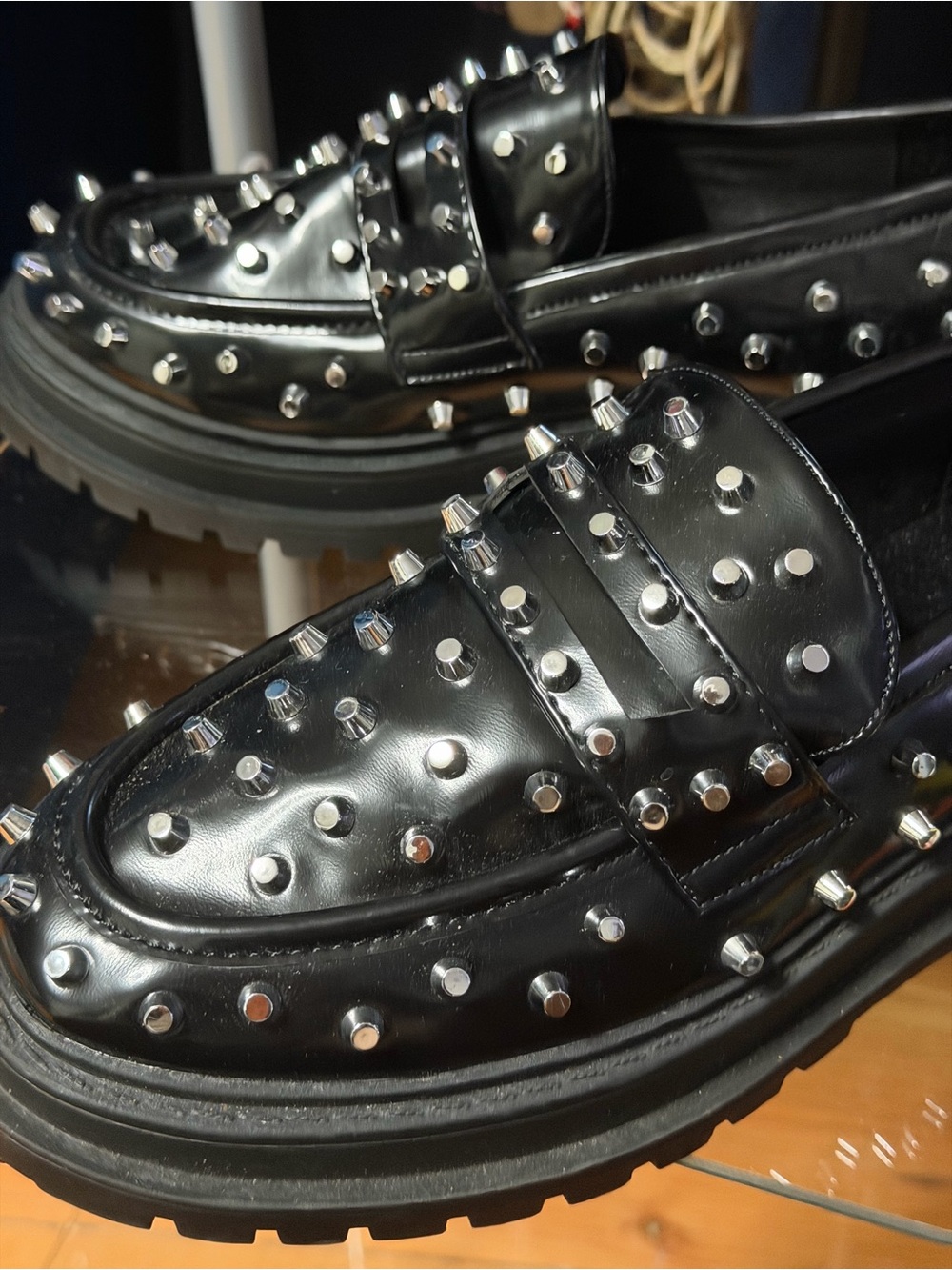 Black Studded womens Leather Loafers - Fashion Statement Shoe (US size 10 Uk 8)